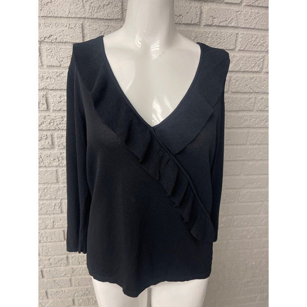 Sydney Easton Women Black Ruffle Long Sleeve Knit Sweater Size L